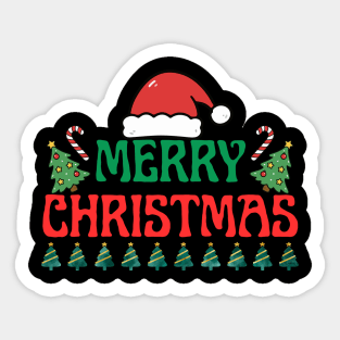 Merry Christmas Festive Trees and Santa Hat Holiday Theme Sticker